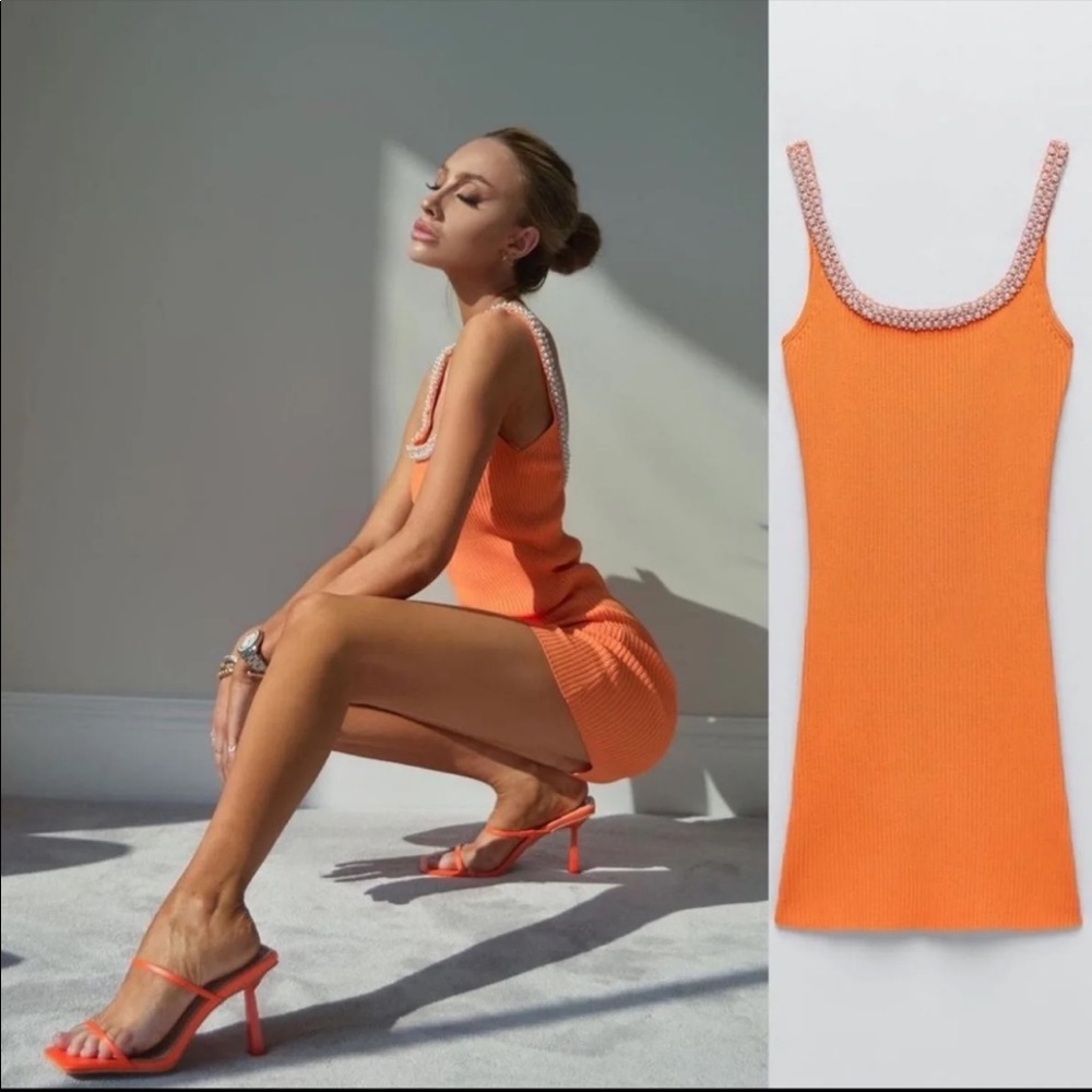 Zara Orange Knit Dress With Pearls